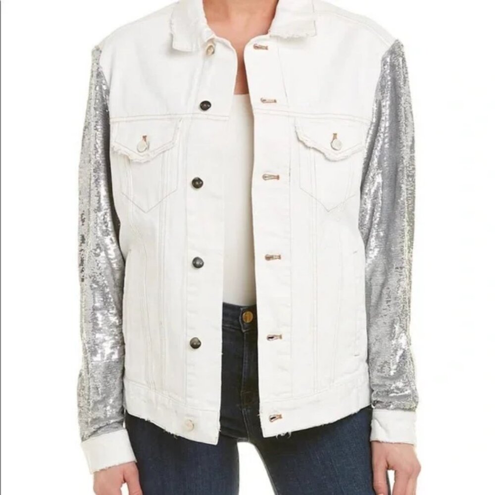 Women Iro Nanopo Rare White Silver Sequined Denim Button-Up Jacket 36 US/S - Picture 3 of 12